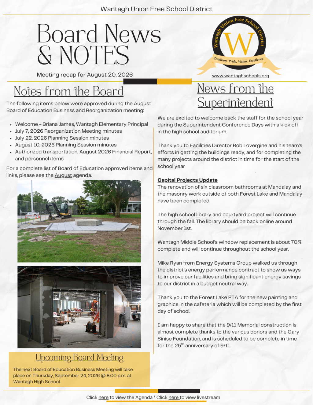 A school district newsletter titled "Board News & Notes" featuring updates from the board and superintendent.